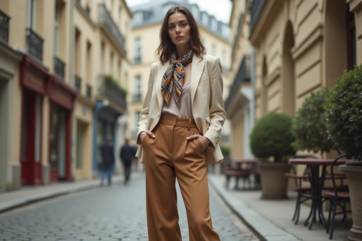 Femme portant un mix vintage années 70 et tendances 2026 dans une rue pavée parisienne, avec pantalon palazzo camel et blazer structuré écru