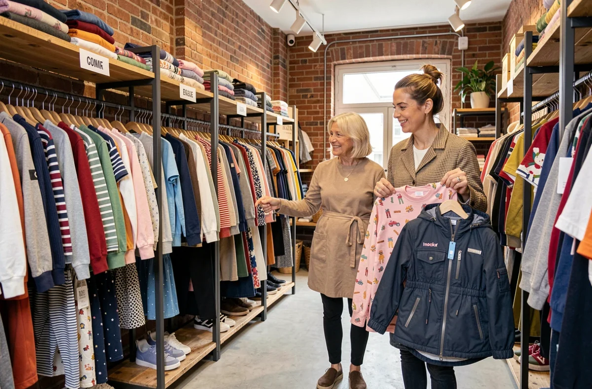 Intérieur de la boutique multimarques Loup y es-tu à Boulogne-Billancourt avec des vêtements enfants variés