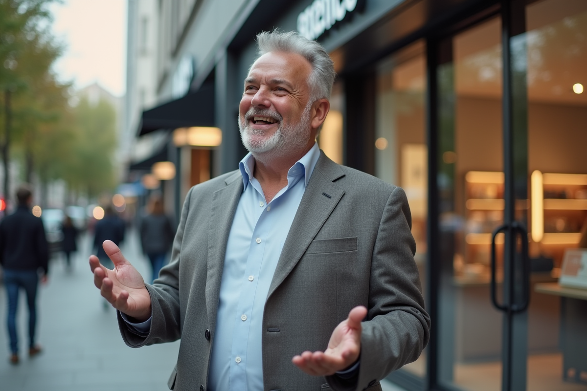 Manager parlant devant une vitrine commerciale moderne