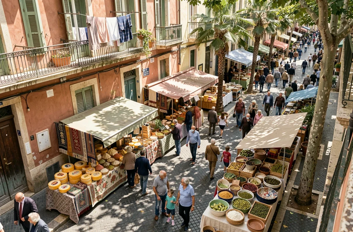 Vue plongeante sur un marché de rue intégré dans un quartier commerçant de Marseille avec étals provençaux et foule animée