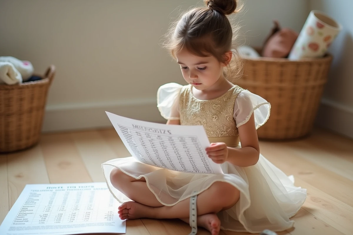 Fillette en robe de cérémonie dorée mesurant sa taille avec un mètre ruban, guide des tailles vêtements enfant