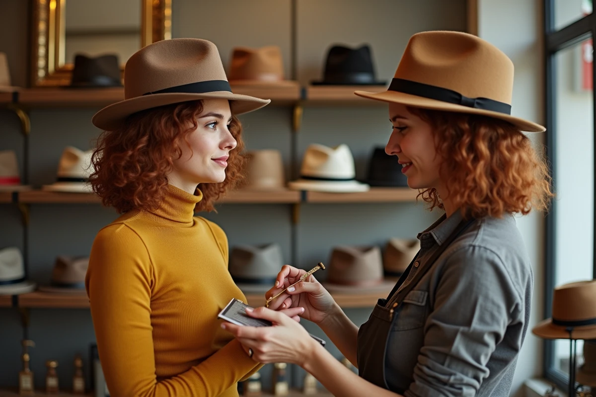 Vendeuse mesurant le tour de tête d'une cliente dans une boutique de chapeaux avec un mètre ruban