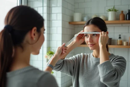Femme mesurant son tour de tête avec un mètre ruban souple devant un miroir de salle de bain