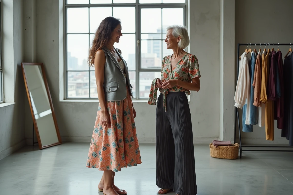 Deux femmes mixant pièces vintage et tendances 2026 dans un loft industriel minimaliste, comparant des vêtements devant un miroir vintage et un portant