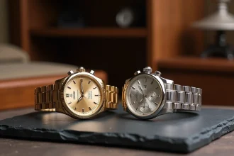 Deux montres de luxe côte à côte, l'une en or blanc et l'autre en or jaune, posées sur une surface en ardoise grise dans un atelier horloger