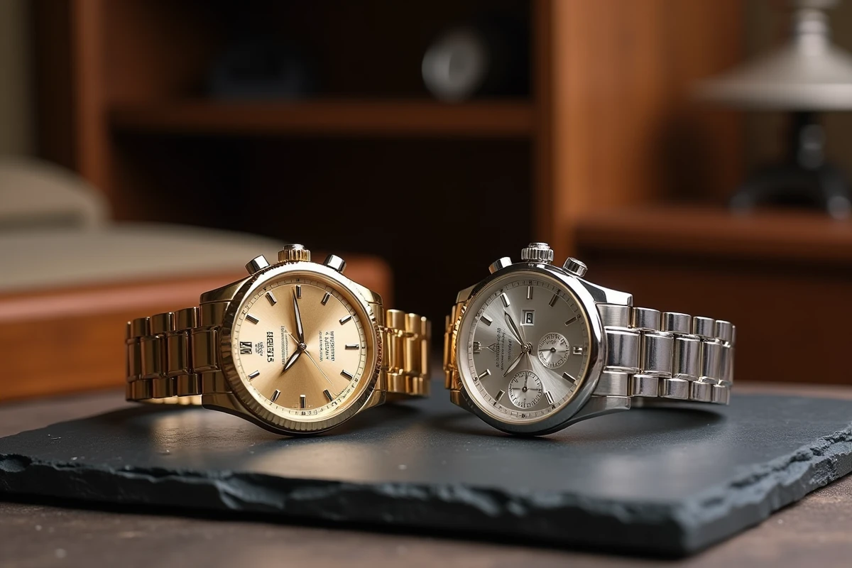 Deux montres de luxe côte à côte, l'une en or blanc et l'autre en or jaune, posées sur une surface en ardoise grise dans un atelier horloger