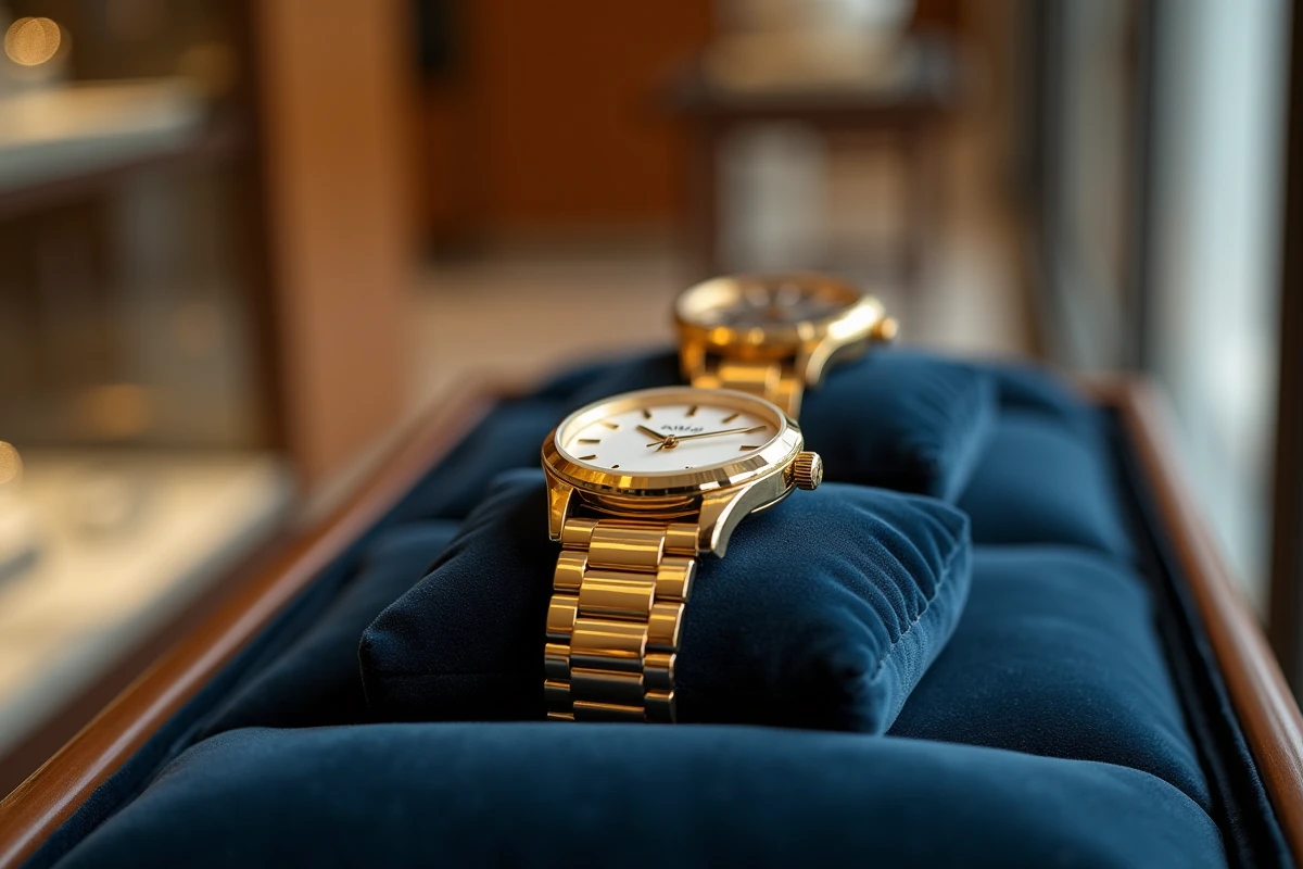 Montre de luxe en or blanc sur un coussin en velours marine dans une boutique haut de gamme, avec une montre en or jaune visible en arrière-plan