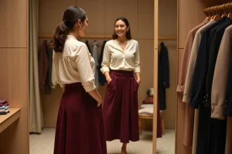 Femme à morphologie en poire essayant une jupe mi-longue taille haute dans une cabine d'essayage de boutique