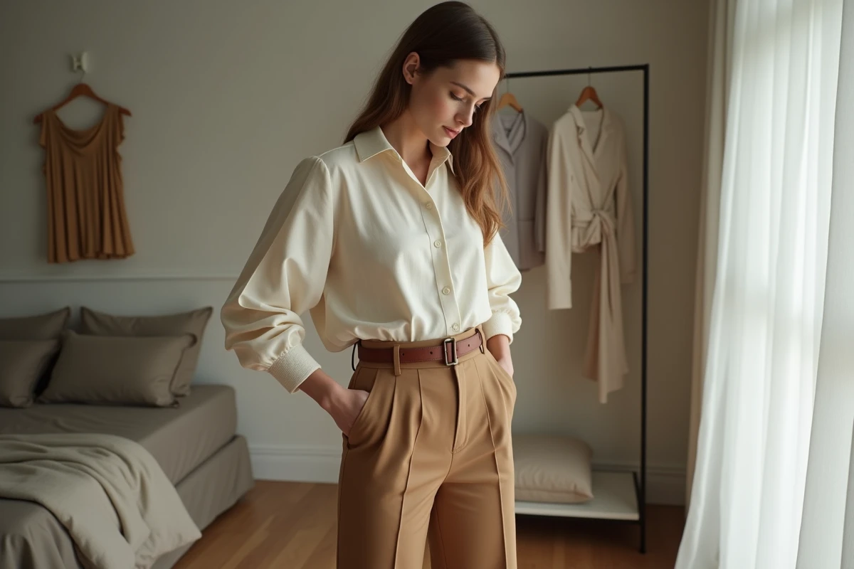 Grande femme morphologie rectangulaire habillée en pantalon large camel et blouse volumineuse dans une chambre moderne