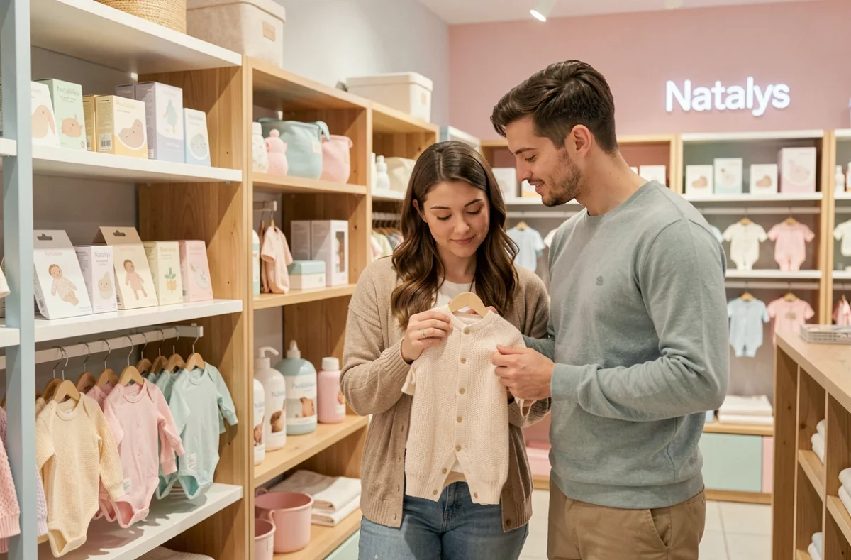 Couple examinant des premiers vêtements pour bébé dans une boutique Natalys à Boulogne-Billancourt