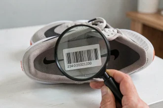 Chaussure Nike retournée avec étiquette UPC et numéro de modèle visible sous une loupe