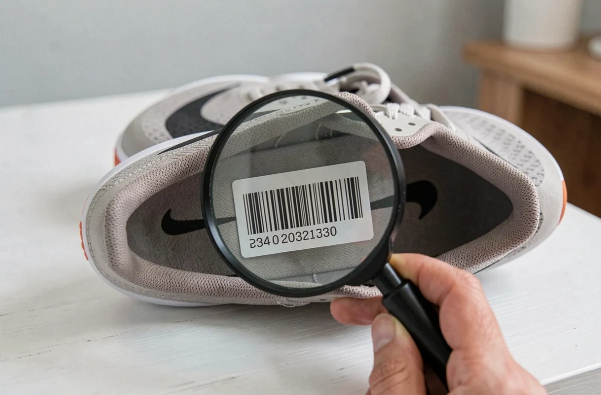 Chaussure Nike retournée avec étiquette UPC et numéro de modèle visible sous une loupe