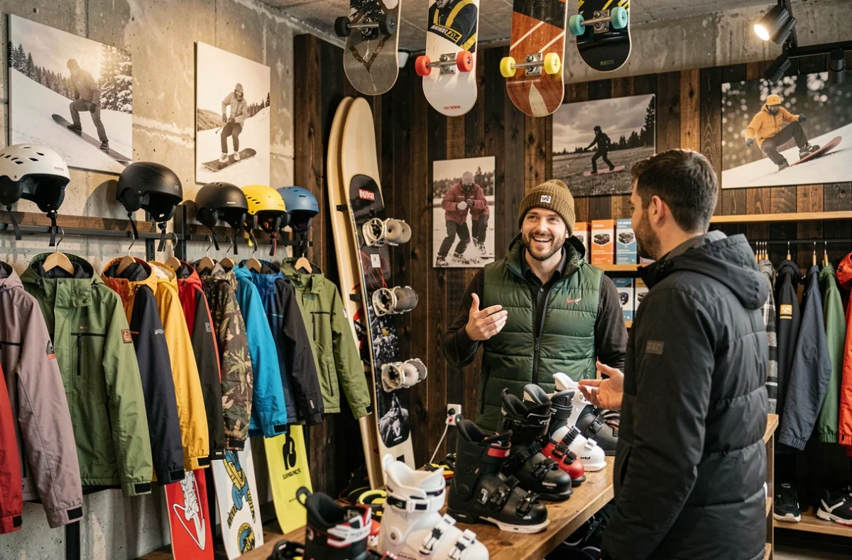 Boutique Nomadeshop Nantes Terre de Glisse avec des équipements de sports de glisse et un conseiller en rayon