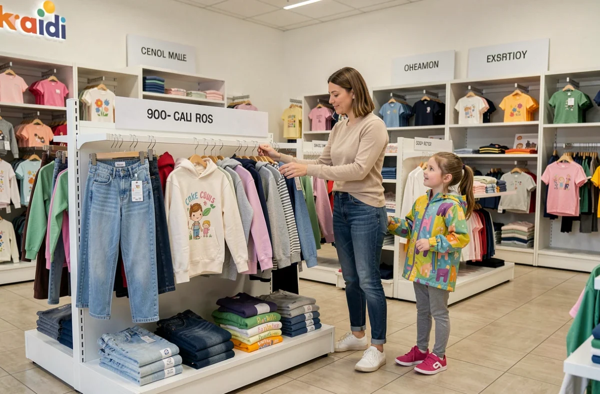 Mère et fille dans un magasin Okaidi à Boulogne-Billancourt choisissant des vêtements enfants du quotidien