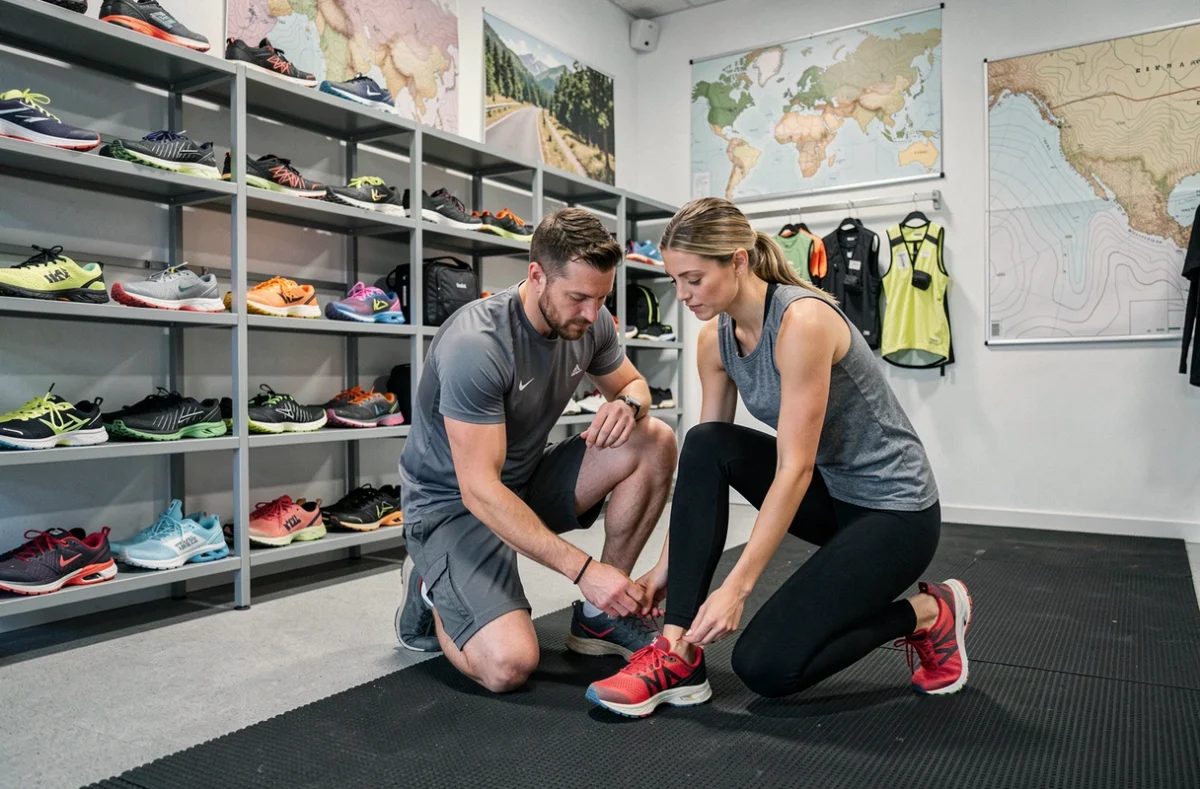 Intérieur de l'Outdoor Run Shop à Angers avec un spécialiste aidant une coureuse à essayer des chaussures de trail
