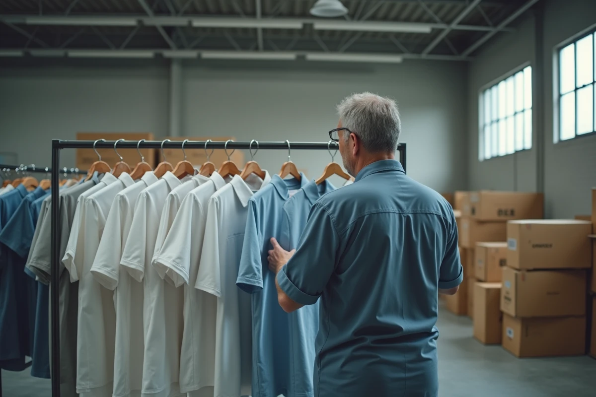 Ouvrier inspecte des chemises suspendues dans un entrepôt de vêtements
