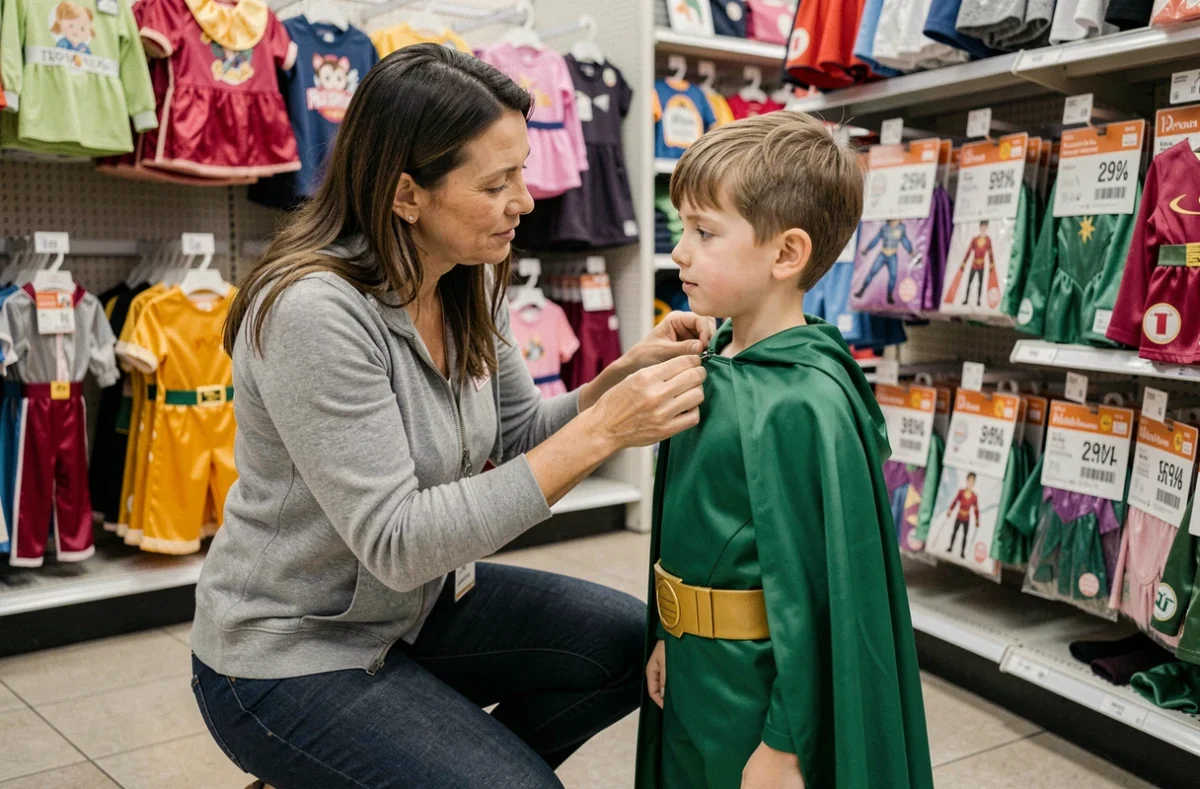 Mère vérifiant la taille et les attaches d'un déguisement de super-héros vert sur son fils dans un magasin de costumes pour enfants, avec des packagings indiquant les tailles en rayon.