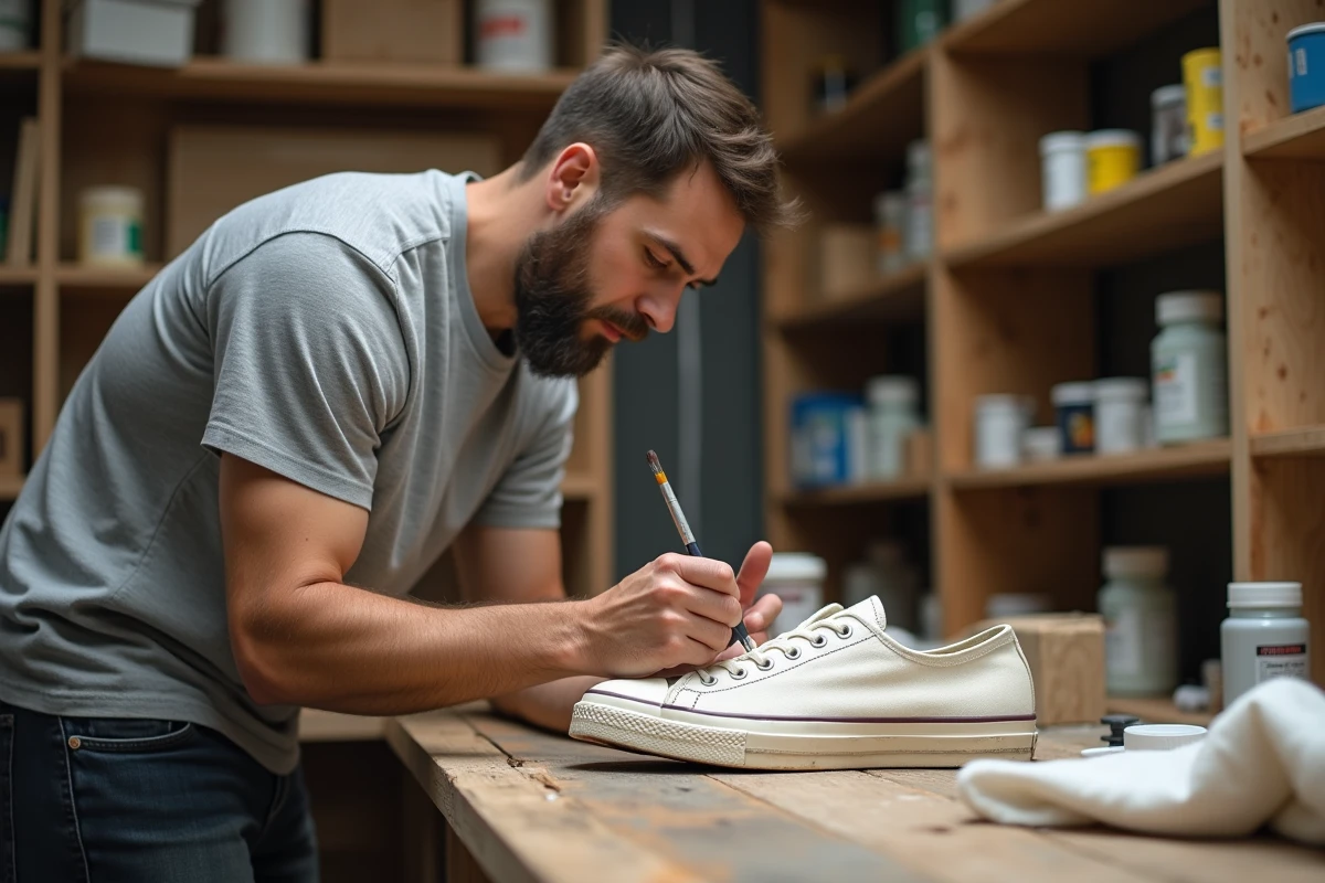 Homme appliquant de la peinture blanche sur une sneaker usée avec un pinceau fin sur un établi en bois, entouré d'outils de customisation