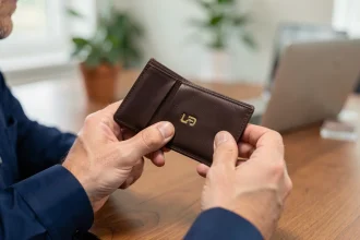 Homme d'affaires tenant un portefeuille en cuir personnalisé avec logo doré dans un bureau moderne
