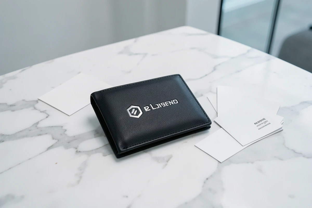 Portefeuille en cuir noir personnalisé avec logo argenté posé sur marbre blanc avec cartes de visite