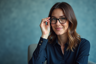 Femme en portrait d'identite avec lunettes enlevées