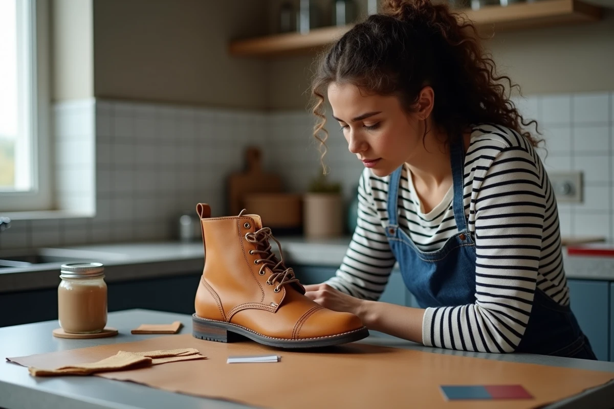 Femme inspectant une botte en cuir abîmée avant de la peindre, avec des outils de préparation posés sur une table, erreurs de peinture sur cuir