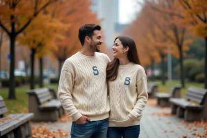 Couple portant des pulls assortis personnalisés avec broderie dans un parc en automne