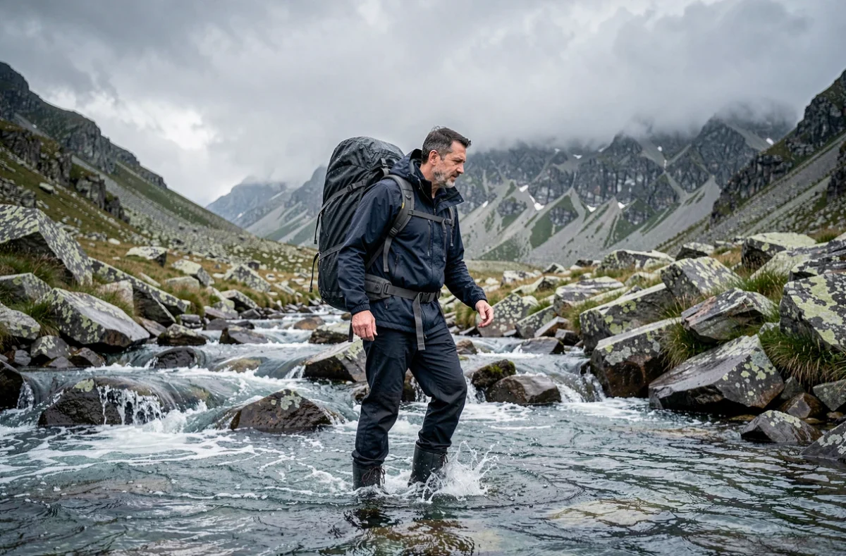 Randonneur traversant un torrent de montagne avec un sac à dos imperméable sous un ciel nuageux
