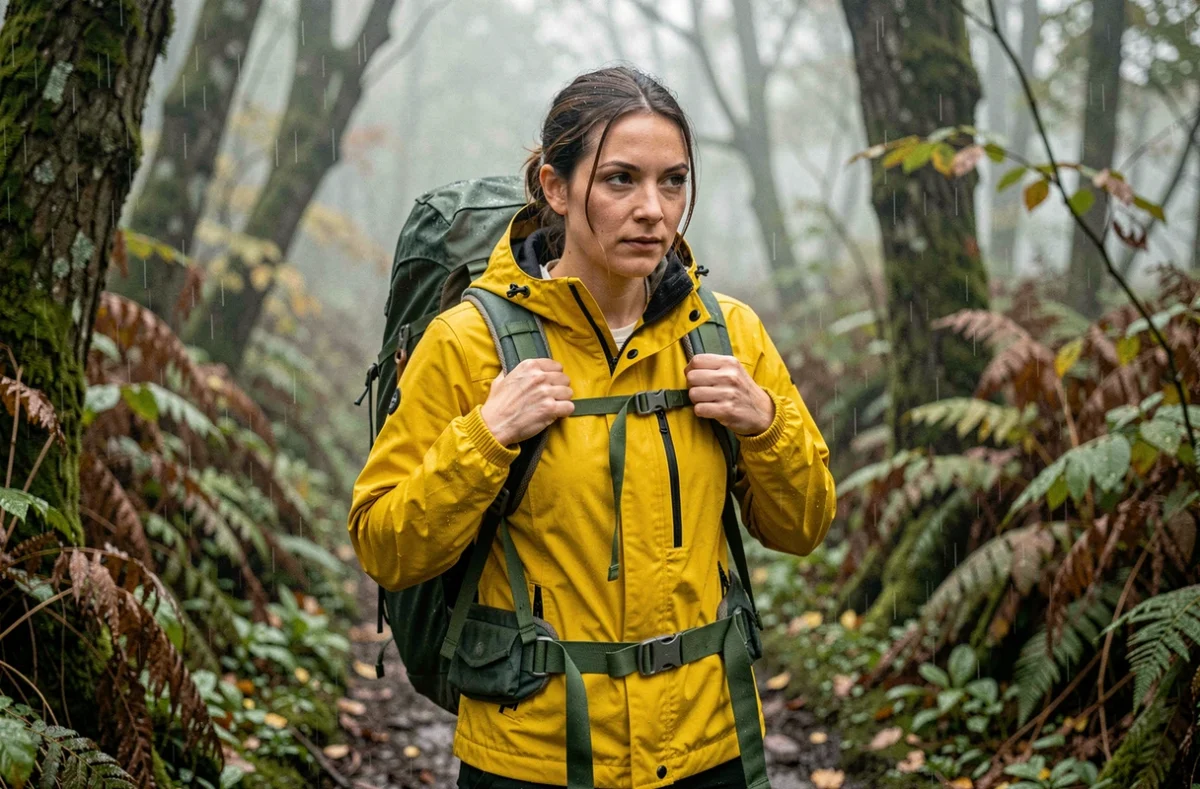 Randonneuse équipée d'un sac à dos imperméable vert sur un sentier forestier sous la pluie en automne