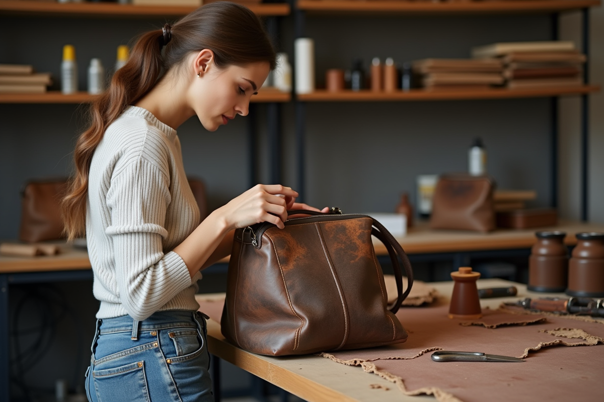 Jeune femme réparant un sac en cuir dans un atelier artisanal