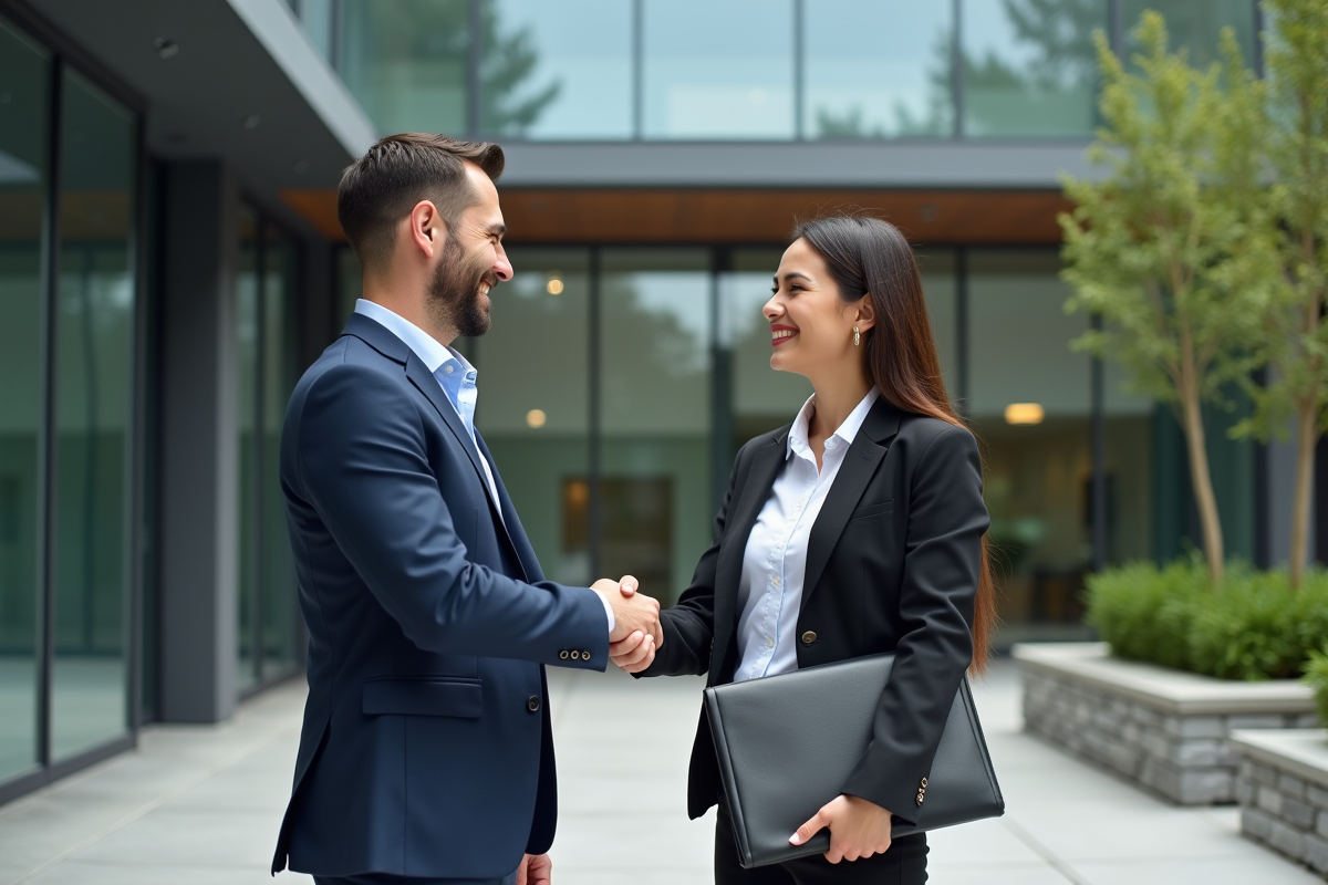 Deux entrepreneurs se serrant la main devant un bâtiment moderne