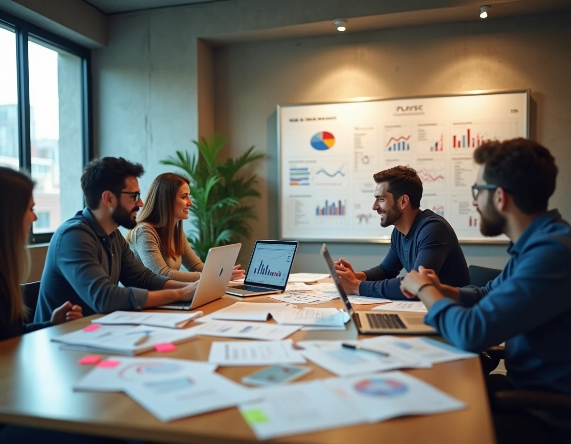 Équipe de professionnels en réunion stratégique autour des données e-commerce après la fusion Braderie Showroomprivé