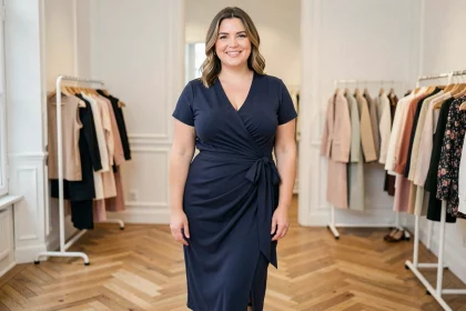 Femme ronde élégante portant une robe portefeuille bleu marine à col en V dans une boutique parisienne