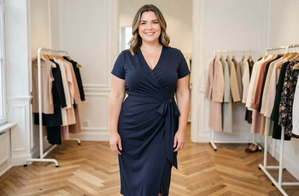 Femme ronde élégante portant une robe portefeuille bleu marine à col en V dans une boutique parisienne
