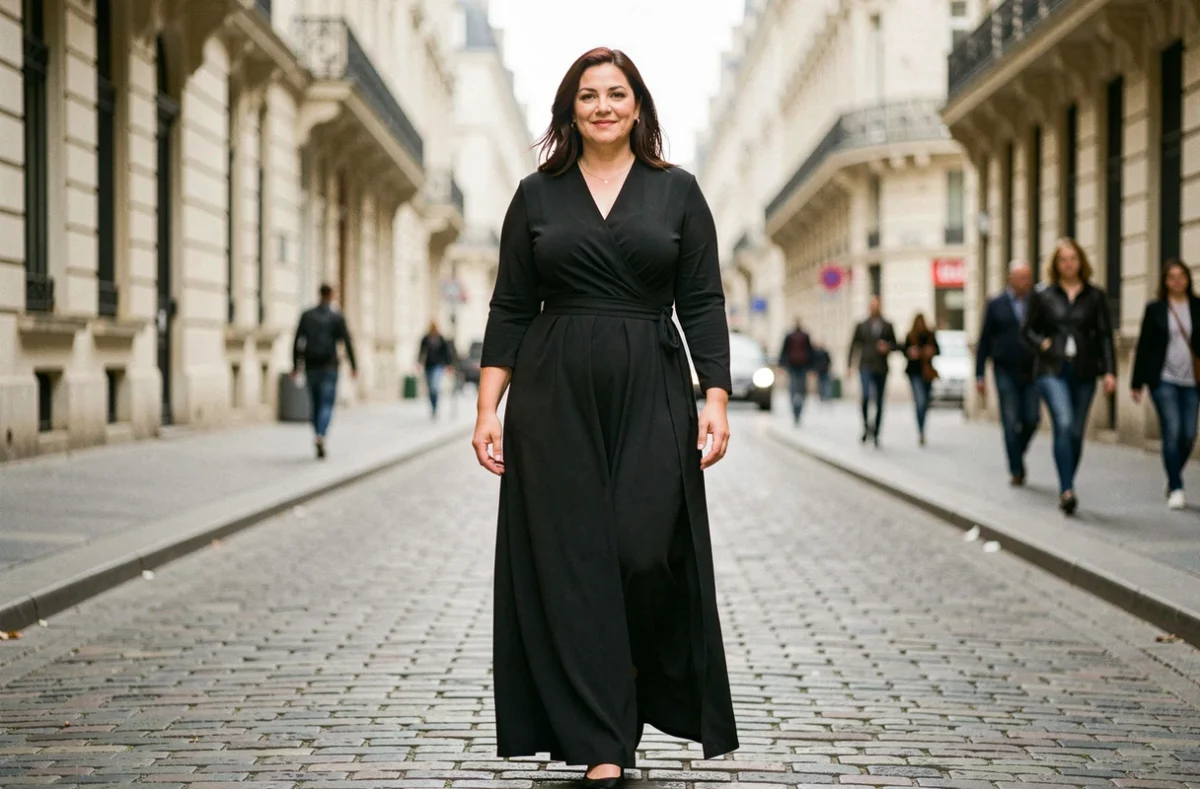Femme ronde en robe maxi noire longue et élégante dans une rue pavée parisienne