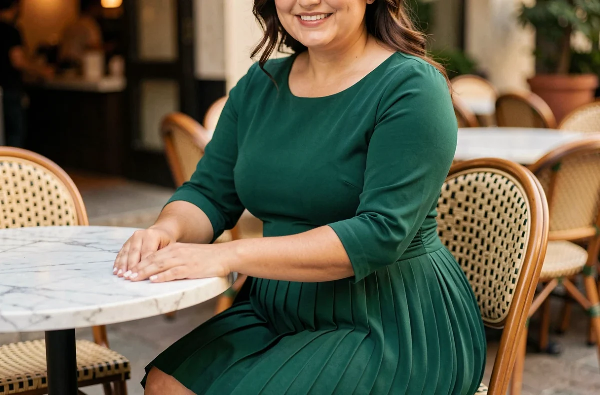 Femme ronde souriante en robe midi vert émeraude élégante assise en terrasse de café