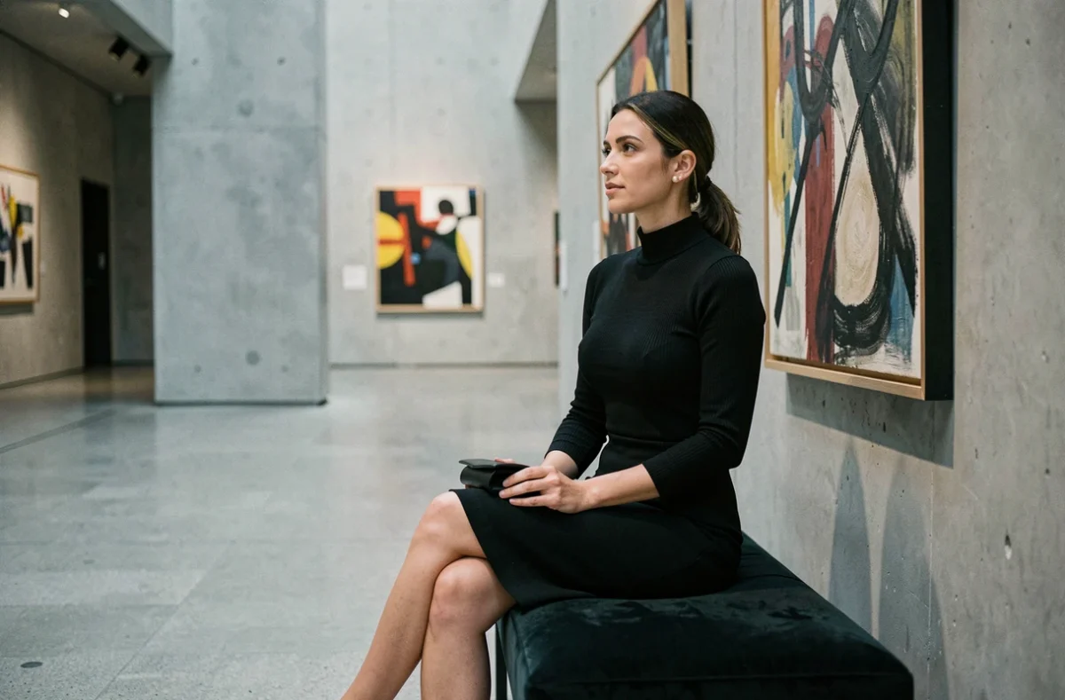 Jeune femme assise en robe noire moulante élégante dans un musée d'art moderne, tenue de soirée chic et sobre