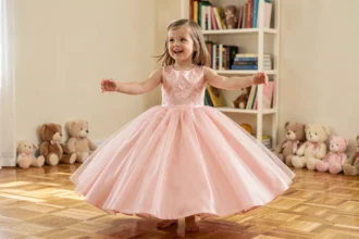Petite fille de 3 ans qui tournoie dans une robe de princesse rose en tulle avec broderies florales dans un salon chaleureux