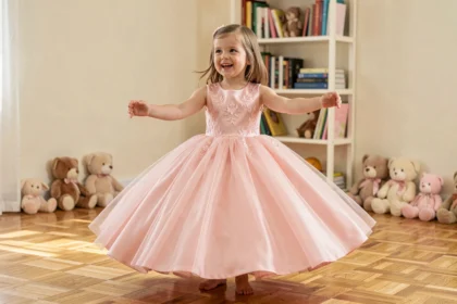 Petite fille de 3 ans qui tournoie dans une robe de princesse rose en tulle avec broderies florales dans un salon chaleureux