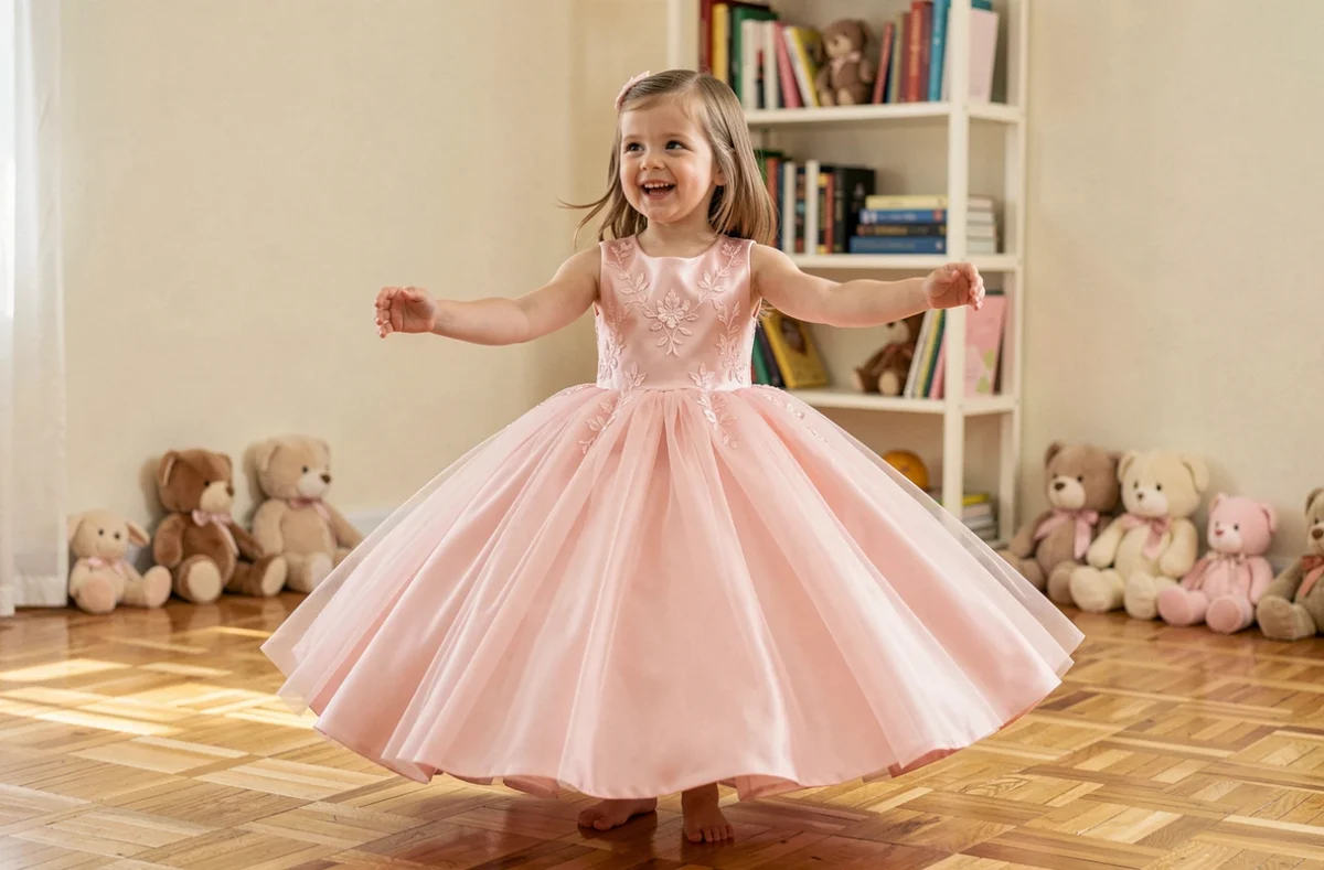 Petite fille de 3 ans qui tournoie dans une robe de princesse rose en tulle avec broderies florales dans un salon chaleureux