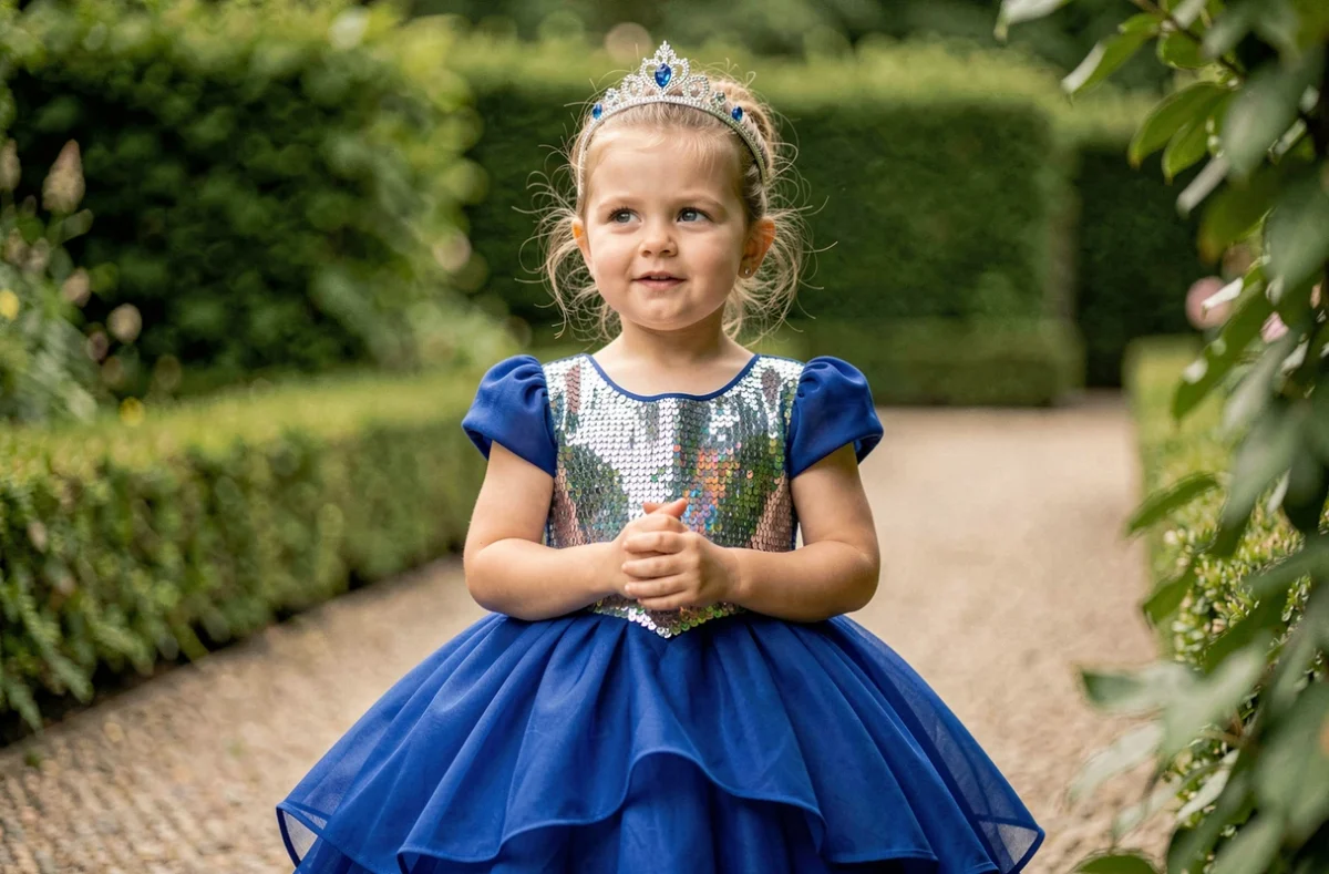 Fillette de 5 ans en robe de princesse bleue royale à sequins argentés et couronne dans un jardin à la française