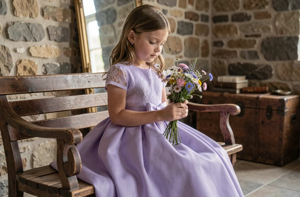 Fille de 7 ans en robe de princesse lavande à dentelle et nœud satin assise sur un banc en bois dans un décor rustique