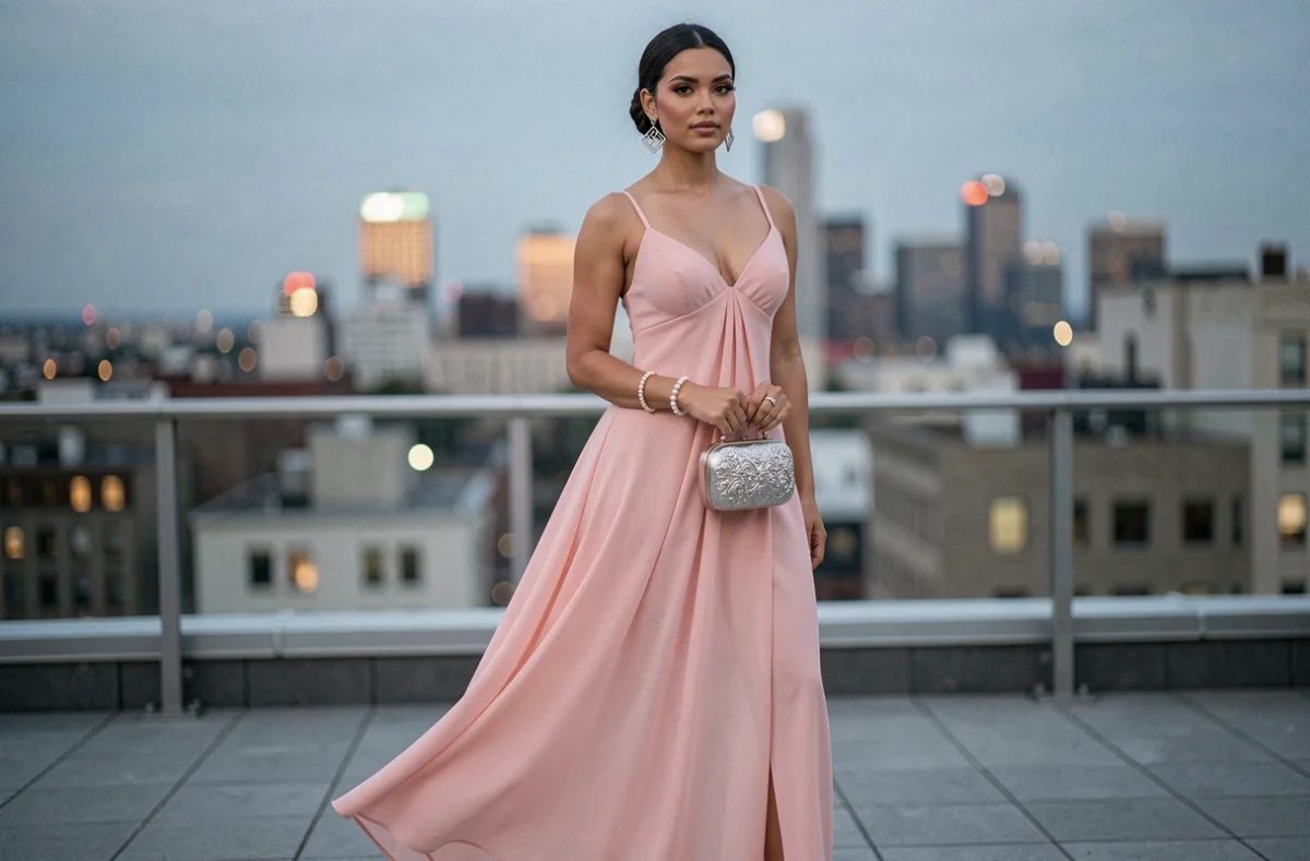 Femme portant une robe de soirée rose poudré en mousseline avec bijoux argentés et minaudière sur une terrasse urbaine au crépuscule