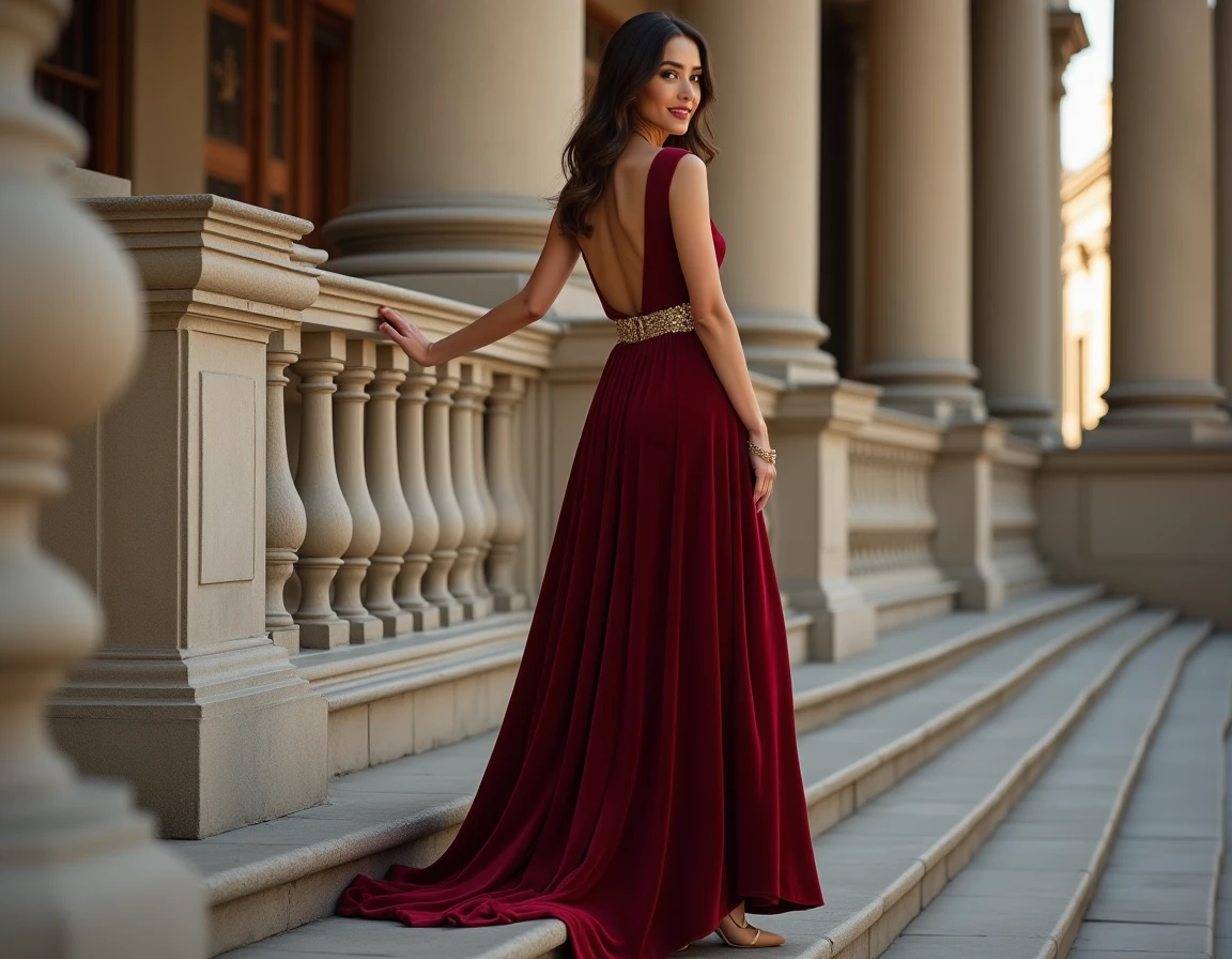 Femme en robe rouge velours longue avec ceinture dorée devant un opéra, association rouge et doré en tenue de soirée