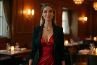 Femme en robe de soirée rouge associée à un blazer noir dans un restaurant élégant, tenue soirée rouge et noir