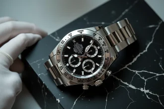 Montre Rolex Daytona en acier avec cadran noir posée sur marbre sombre lors d'une vente aux enchères de montres de luxe