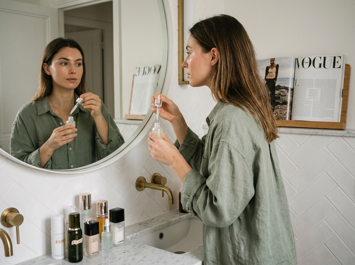 Jeune femme appliquant un sérum tendance pour une peau éclatante dans une salle de bain moderne