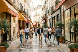 Rue commerçante animée de Marseille avec boutiques traditionnelles et modernes, piétons et ambiance méditerranéenne en 2026