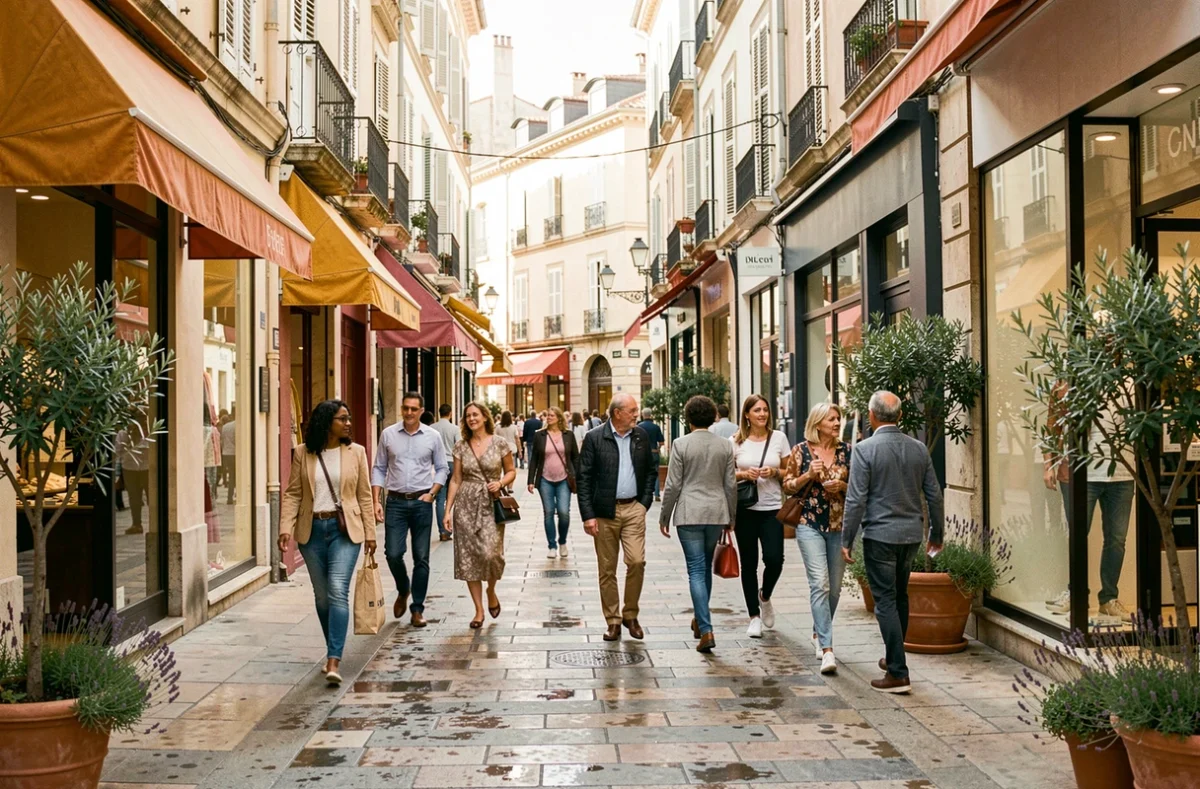 Rue commerçante animée de Marseille avec boutiques traditionnelles et modernes, piétons et ambiance méditerranéenne en 2026