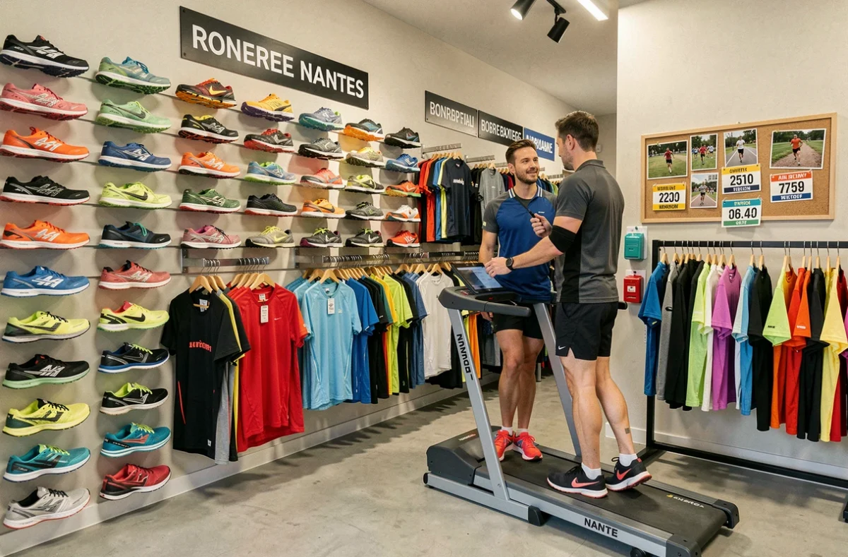 Magasin Run Aventure à Nantes avec un spécialiste effectuant une analyse de foulée pour un client coureur